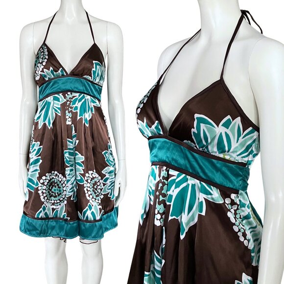 Vintage Dresses & Skirts - Vintage Y2K Brown Teal Floral Halter Satin Party Dress. XS. Girlhoodcore Fairy